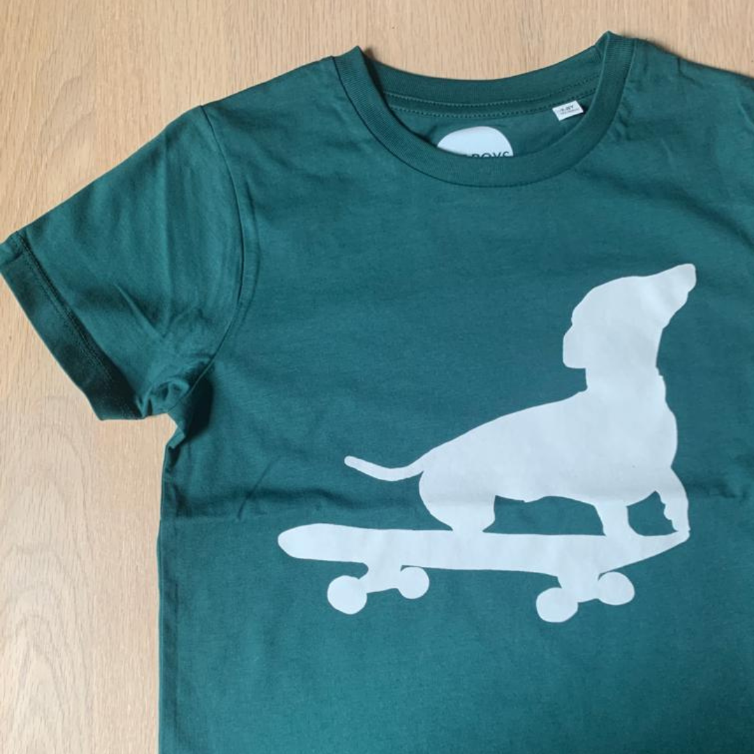 Dachshund on Skateboard T-shirt in Glazed Green