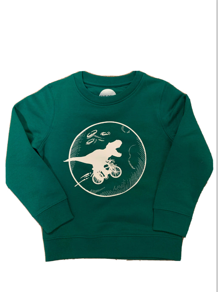 Dinosaur Bicycle Moon Sweatshirt // Forest Green