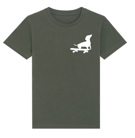 Small Print Dachshund on Skateboard T-shirt in Cool Khaki