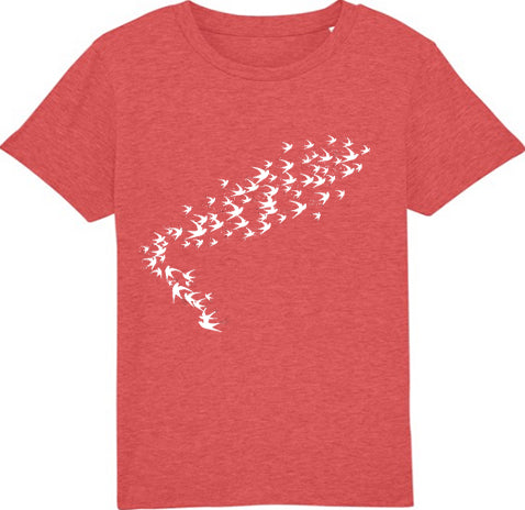 Swallow Print on Cranberry Red Organic T-shirt